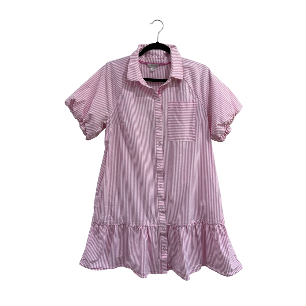 Crown & Ivy Pink White Striped Puff Sleeve Ruffle Hem Shirt Dress Womens Medium